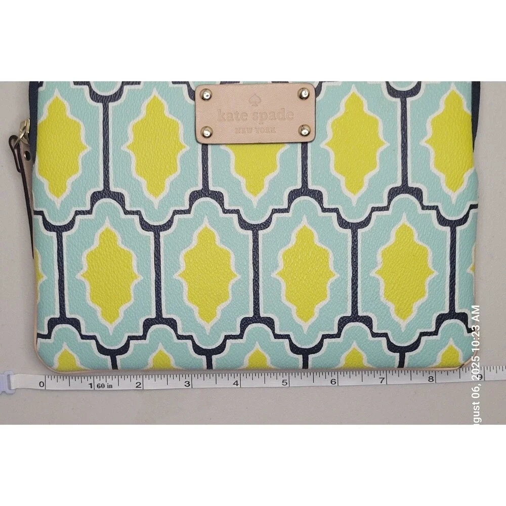 EUC Kate Spade Geometric Tablet Sleeve Pouch Teal Yellow Scallop Padded Gold Zip